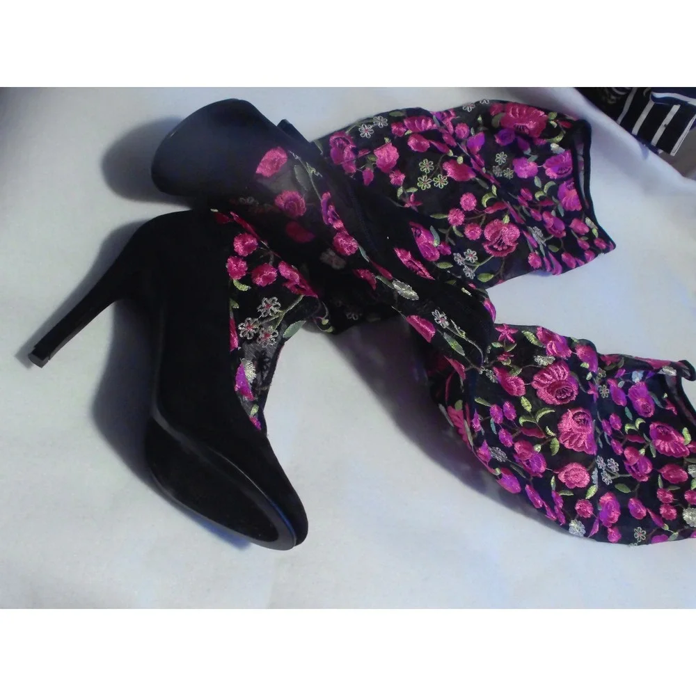 Lola Couture Floral Embroidered Over The Knee Boots Black Pink Stiletto Heel 10